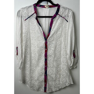 Tiny Anthropologie Lace Embroidered Shirt Womens L White Slub Silk Blend Boho C2